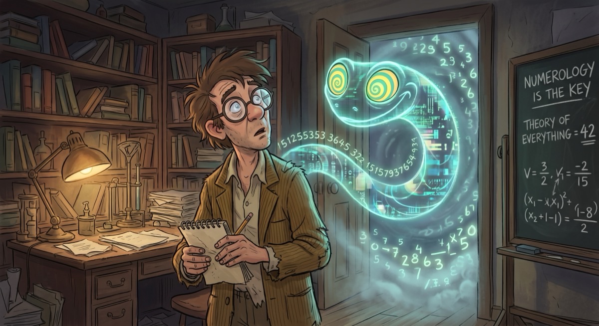 Cartoon: a wide-eyed researcher faces a hypnotic AI snake spewing numbers, while a blackboard behind reads 'Numerology is the key — Theory of Everything = 42'.